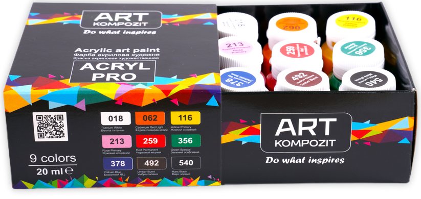 Фарби акрилові ACRYL PRO ART, 9 основних кольорів *20 мл. Kompozit